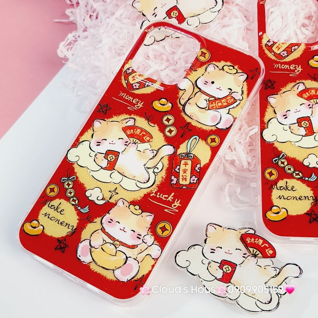 Case Ốp điện thoại iPhone Mèo May Mắn Good Luck Tết Kèm Popsocket Nam Châm iPhone 11/12/13/14/15/Pro/Promax