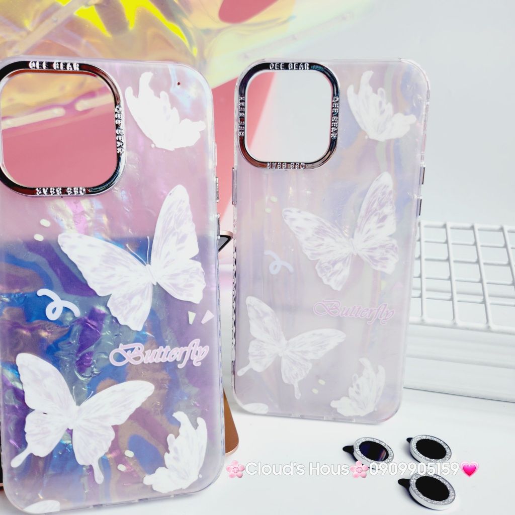 Case Ốp điện thoại iPhone Bướm Trắng Butterfly Ánh Xà Cừ Nền Hồng kèm bảo vệ camera đính đá iPhone 11/12/13/14/15/Pro/Promax