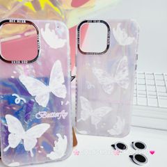 Case Ốp điện thoại iPhone Bướm Trắng Butterfly Ánh Xà Cừ Nền Hồng kèm bảo vệ camera đính đá iPhone 11/12/13/14/15/Pro/Promax