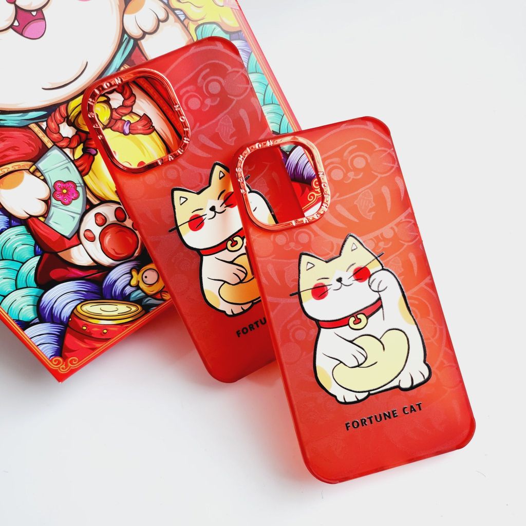 Case Ốp điện thoại iPhone Mèo may mắn Đỏ Trong nhám Viền camera Titan iPhone 11/12/13/14/Pro/Promax -  TẾT