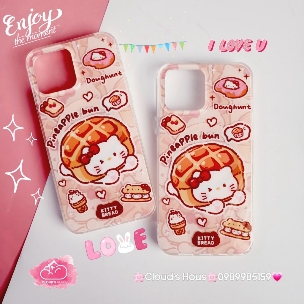 Case Ốp điện thoại iPhone Magsafe Mèo Hello Kitty Bread Pineapple bun Kèm Popsocket Nam Châm iPhone 11/12/13/14/15/Pro/Promax