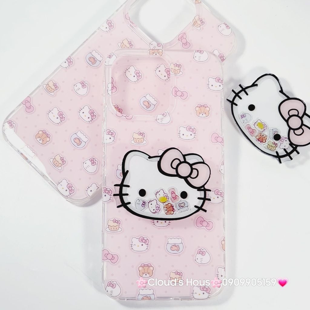 Case Ốp điện thoại iPhone Hello Kitty Nền Hồng PopSocket iPhone 12/13/14/15/16/Pro/Promax