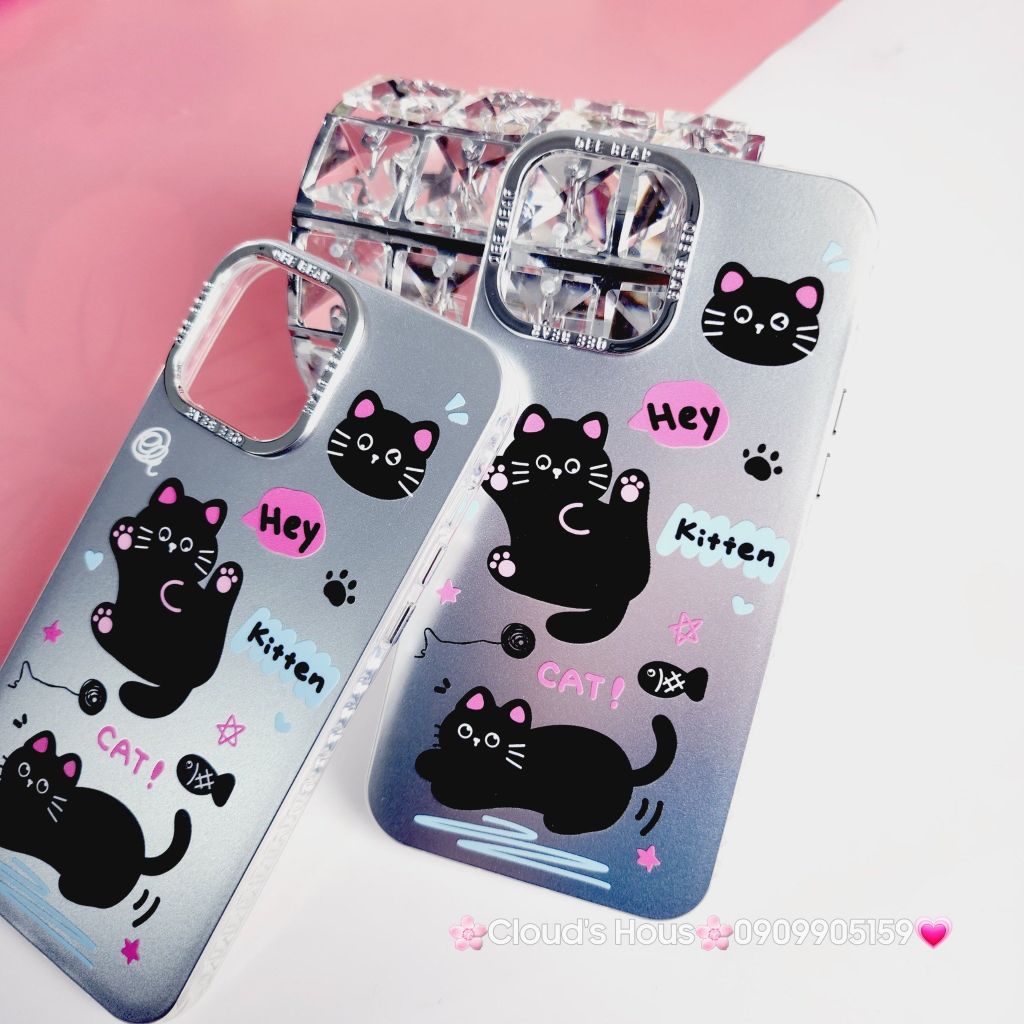 Case Ốp điện thoại iPhone Mèo Đen Kitten Nhám Hologram ánh bạc iPhone 11/12/13/14/15/Pro/Promax