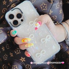 Case Ốp điện thoại iPhone Nơ Trắng Trong Ánh Xà Cừ Đính Đá Case iPhone 12/13/14/15/16/Pro/Promax
