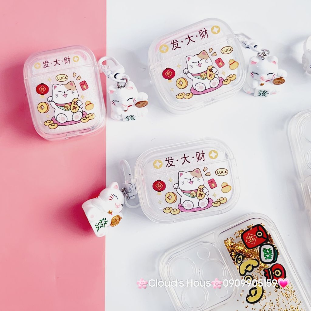 Cover Case Vỏ bảo vệ Airpod Mèo Thần Tài Vẫy Tay Charm Mèo Airpod 1/2/3/Pro/Pro2 - TẾT
