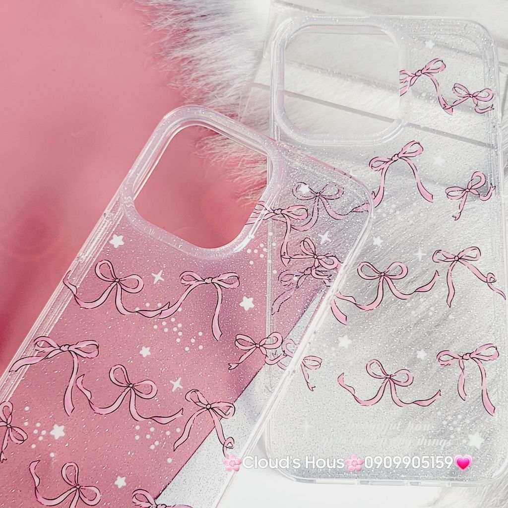 Case Ốp điện thoại iPhone Nơ Hồng Trong Kim Tuyến Bling bling iPhone 11/12/13/14/15/Pro/Promax