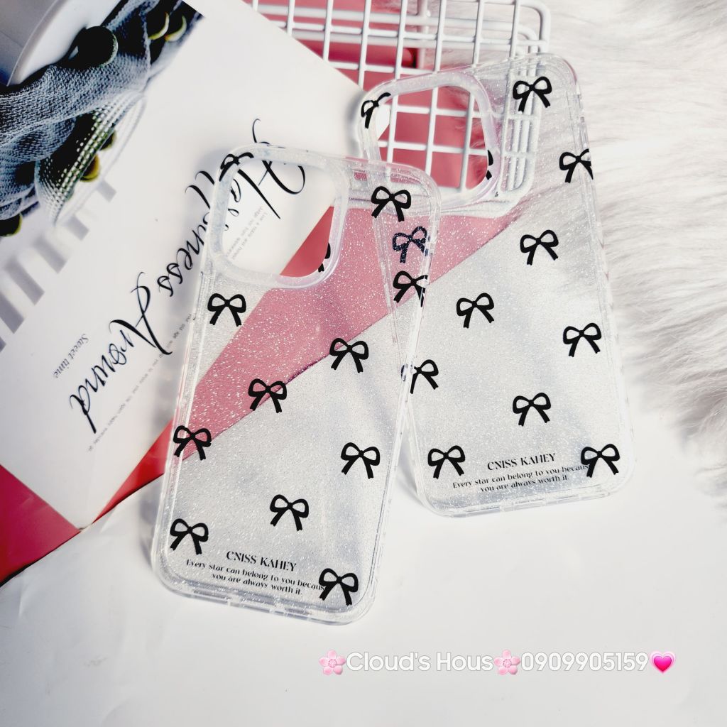 Case Ốp điện thoại iPhone Trong Bling Bling nơ đen đính đá lấp la lấp lánh iPhone 11/12/13/14/15/Pro/Promax