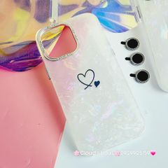 Case Ốp điện thoại iPhone Trái Tim Nền Trắng Ánh Xà Cừ kèm bảo vệ camera đính đá iPhone 11/12/13/14/15/Pro/Promax
