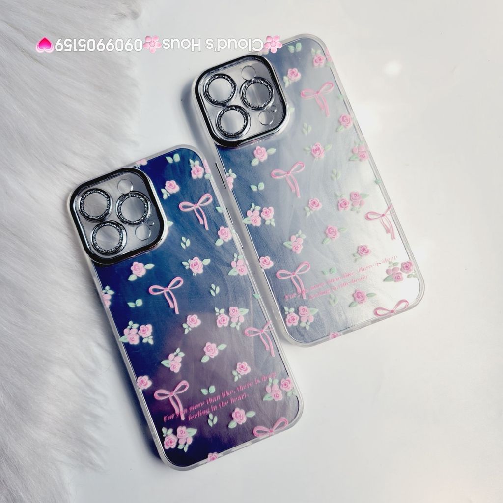 Case Ốp điện thoại iPhone Gương Nơ Hoa Camera đính đá kèm bảo vệ camera hologram iPhone 11/12/13/14/15/Pro/Promax