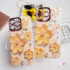 Case Ốp điện thoại iPhone Hoa To Hologram Nền Vàng Viền Camera đính đá Classic 11/12/13/14/15/Pro/Plus/Promax
