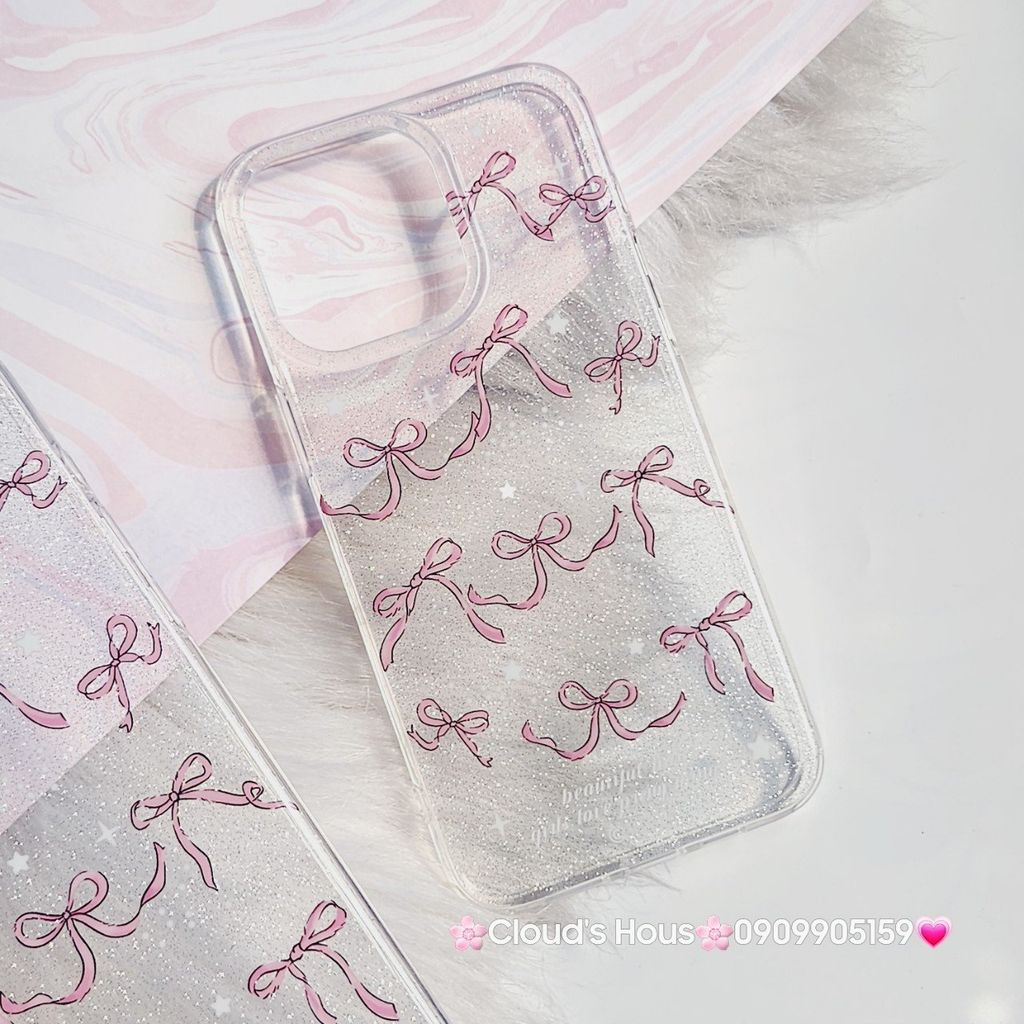 Case Ốp điện thoại iPhone Nơ Hồng Trong Kim Tuyến Bling bling iPhone 11/12/13/14/15/Pro/Promax