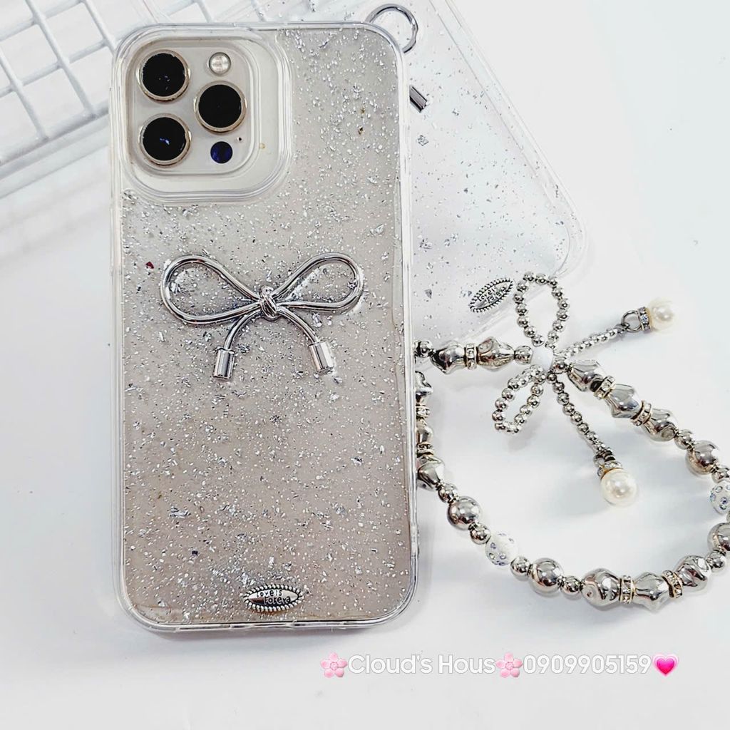 Case Ốp điện thoại iPhone Nơ Bạc Trong Bling Bling iPhone 12/13/14/15/Plus/Pro/Promax
