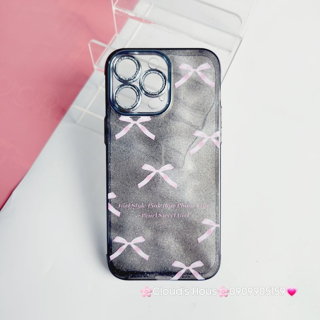 Case Ốp điện thoại iPhone Nơ Hồng nền Đen Bling Bling Cường lực Camera Đính đá iPhone 11/12/13/14/15/Pro/Promax