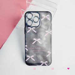 Case Ốp điện thoại iPhone Nơ Hồng nền Đen Bling Bling Cường lực Camera Đính đá iPhone 11/12/13/14/15/Pro/Promax
