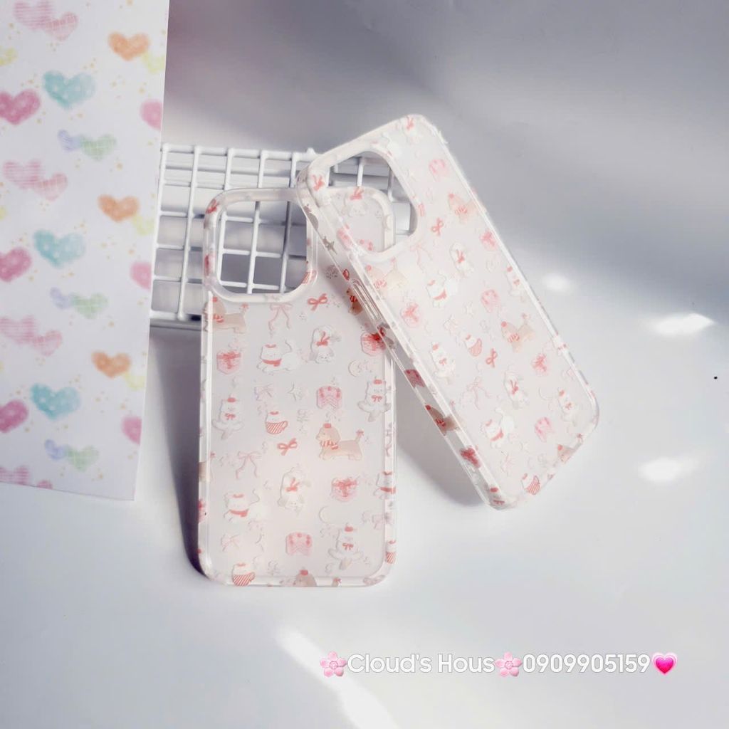 Case Ốp điện thoại iPhone Mèo Chó Nơ Đỏ Sticker Dễ Thương Nền Trắng iPhone 11/12/13/14/15/Pro/Promax