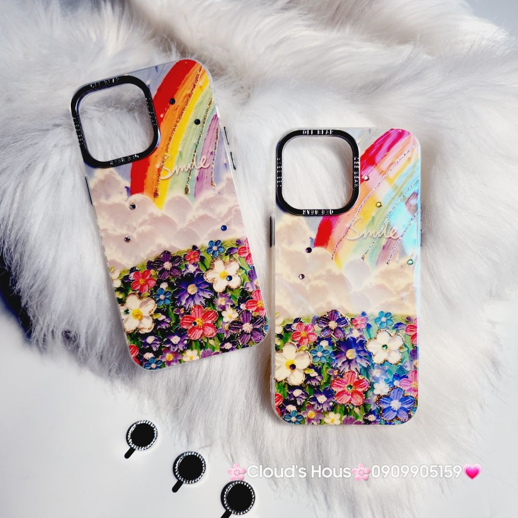 Case Ốp điện thoại iPhone Vườn hoa Cầu vồng Hologram Smile Kèm bảo vệ camera iPhone 11/12/13/14/15/Pro/Plus/Promax