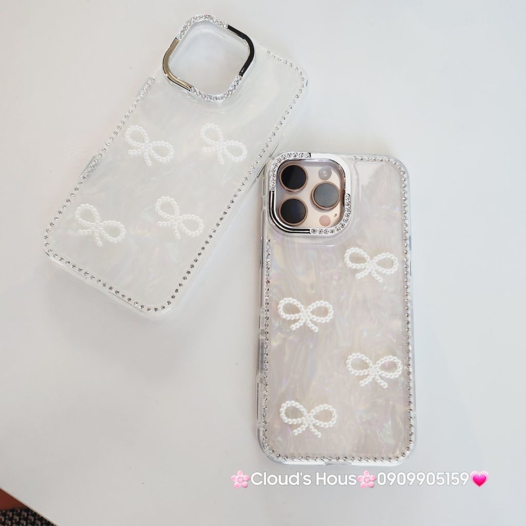 Case Ốp điện thoại iPhone Nơ Trắng Trong Ánh Xà Cừ Đính Đá Case iPhone 12/13/14/15/16/Pro/Promax