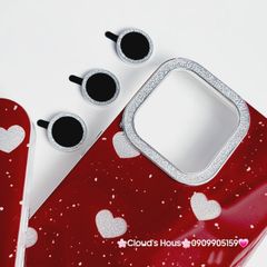 Case Ốp điện thoại iPhone Trái Tim Bạc Nền Đỏ Camera Viền Đính đá kèm bảo vệ Camera iPhone 11/12/13/14/15/Pro/Promax