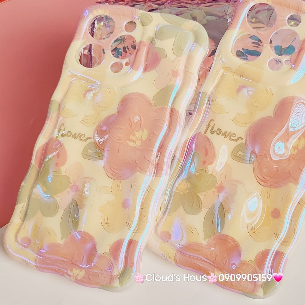 Case Ốp điện thoại iPhone HOA Hologram nền vàng Nổi Viền Gợn Sóng iPhone 12/13/14/15/Pro/Promax