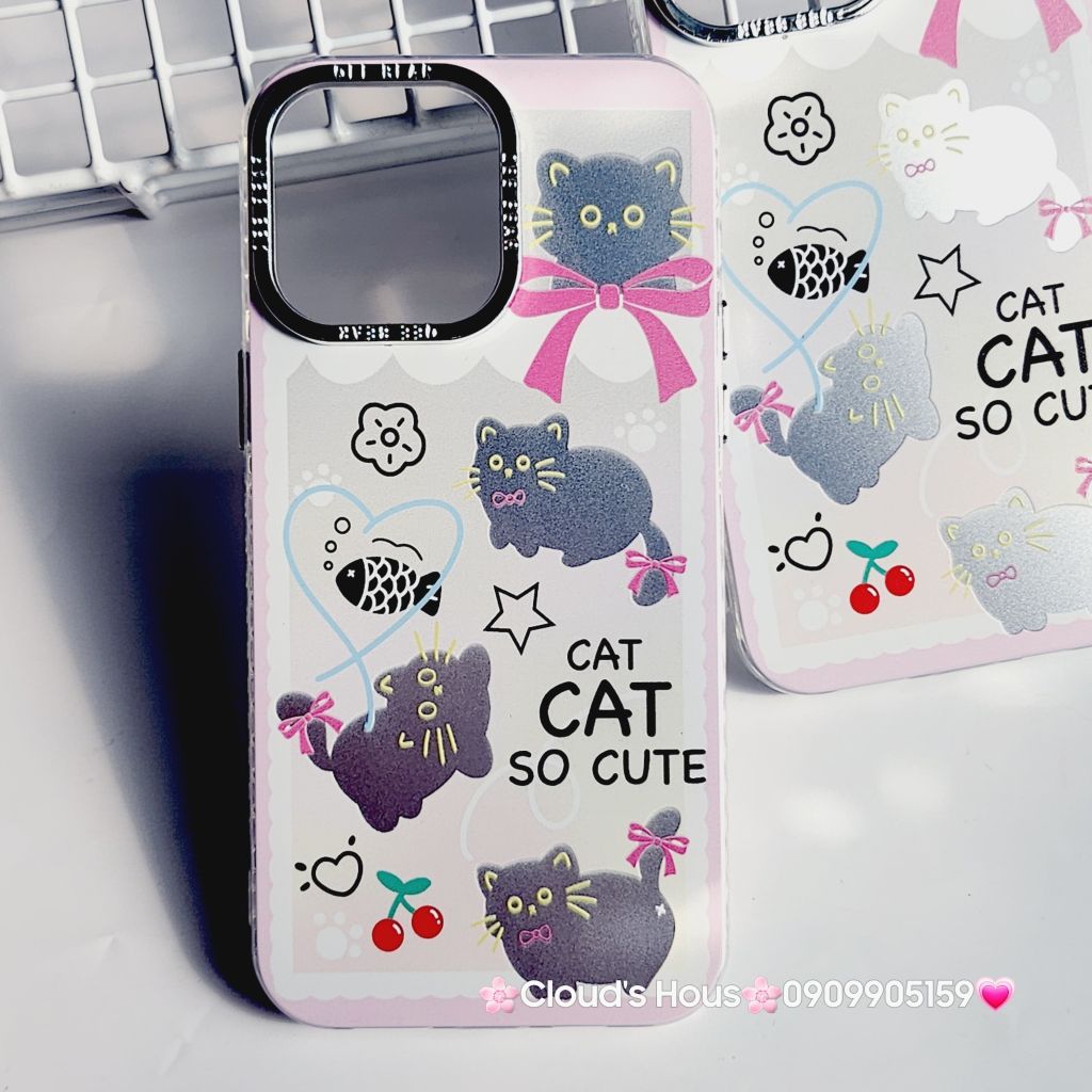 Case Ốp điện thoại iPhone Mèo Đen Hologram Nền Trắng Cat So Cute iPhone 11/12/13/14/15/Pro/Promax