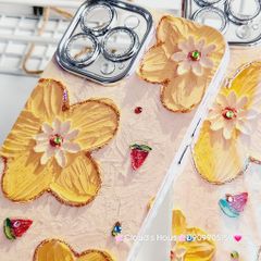 Case Ốp điện thoại iPhone HOA Nền Vàng Hologram Bảo vệ Camera Đính Đá iPhone 11/12/13/14/15/Pro/Promax