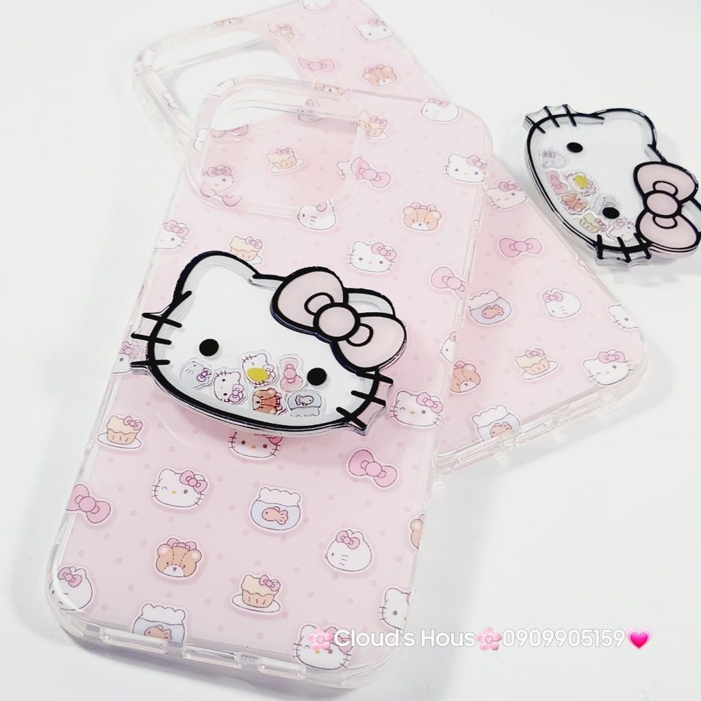 Case Ốp điện thoại iPhone Hello Kitty Nền Hồng PopSocket iPhone 12/13/14/15/16/Pro/Promax