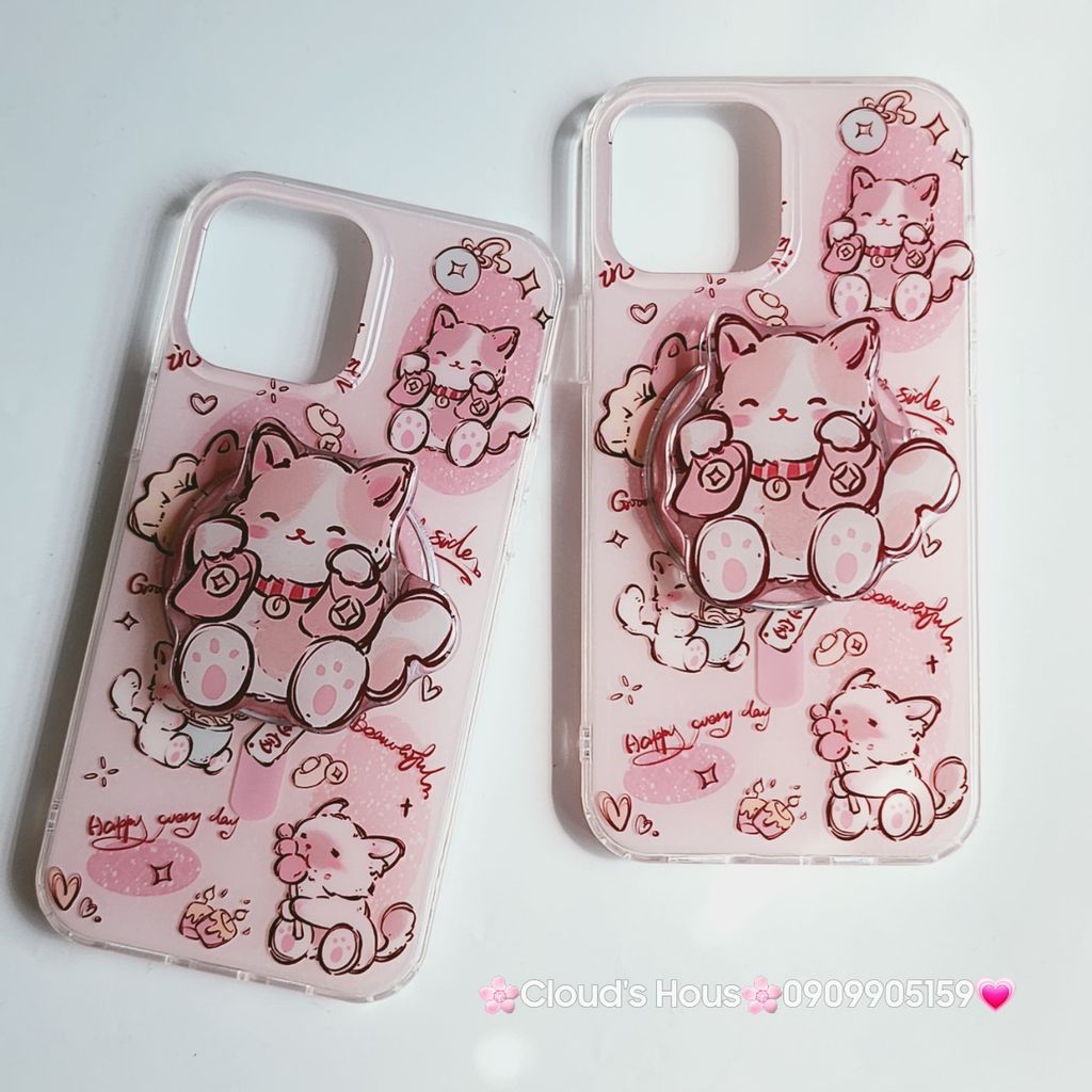 Case Ốp điện thoại iPhone Mèo Hồng May Mắn Kèm Popsocket Magsafe Nam Châm iPhone 11/12/13/14/15/Pro/Promax