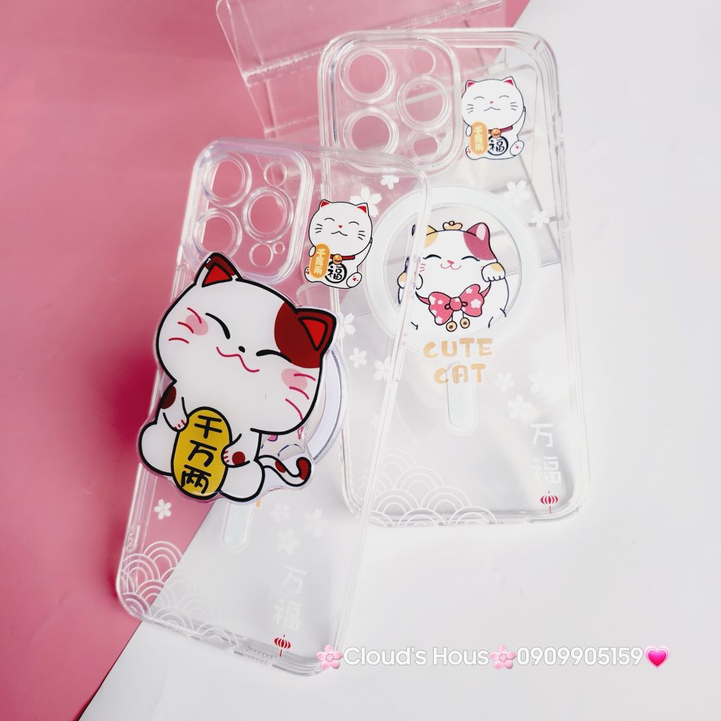 Case Ốp điện thoại iPhone Trong Magsafe Mèo may mắn Cute Cat kèm Popsocket iPhone 11/12/13/14/15/Pro/Plus/Promax - TẾT