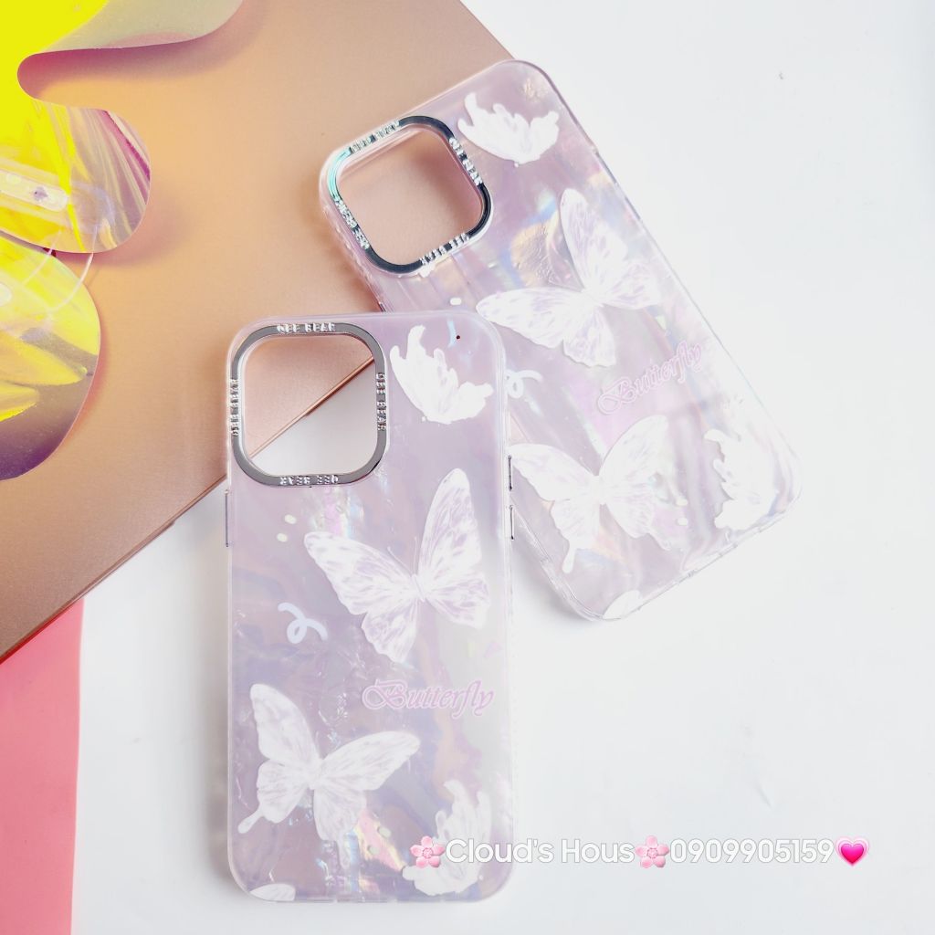 Case Ốp điện thoại iPhone Bướm Trắng Butterfly Ánh Xà Cừ Nền Hồng kèm bảo vệ camera đính đá iPhone 11/12/13/14/15/Pro/Promax
