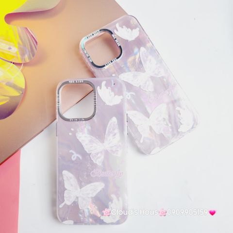 Case Ốp điện thoại iPhone Bướm Trắng Butterfly Ánh Xà Cừ Nền Hồng kèm bảo vệ camera đính đá iPhone 11/12/13/14/15/Pro/Promax