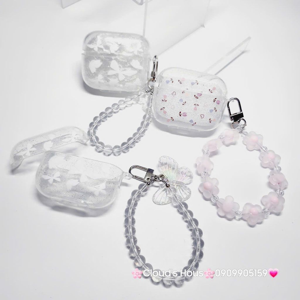 Cover Case Vỏ bảo vệ Airpod Trong Bling Bling Bướm & Hoa Nhí kèm móc khóa Airpod 1/2/3/Pro/Pro2