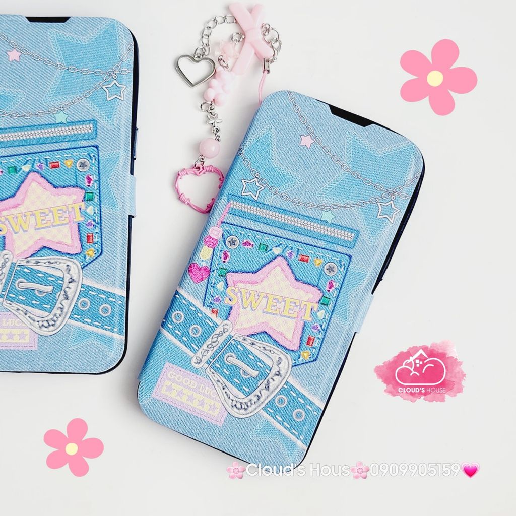 Case Ốp điện thoại iPhone Bao Da Jeans Sweet Kèm Charm iPhone 11/12/13/14/15/Pro/Promax