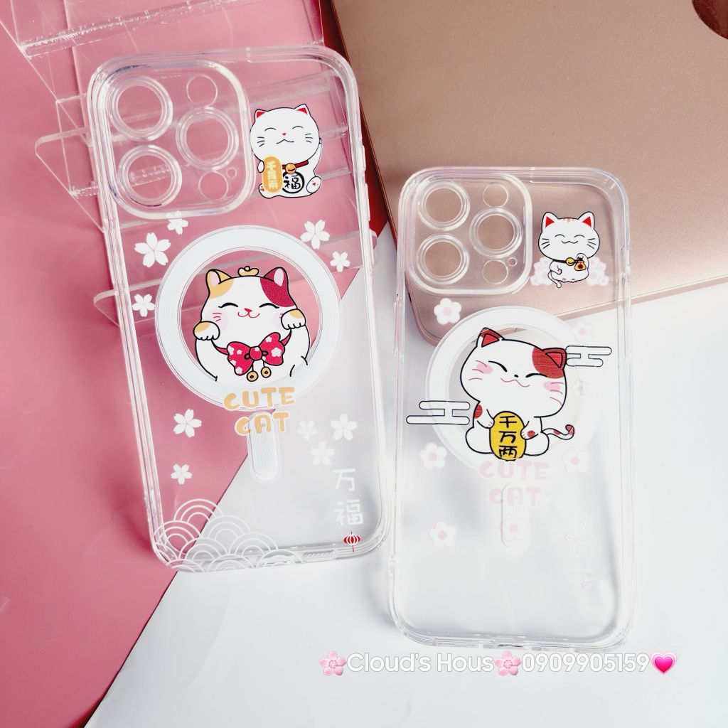 Case Ốp điện thoại iPhone Trong Magsafe Mèo may mắn Cute Cat kèm Popsocket iPhone 11/12/13/14/15/Pro/Plus/Promax - TẾT