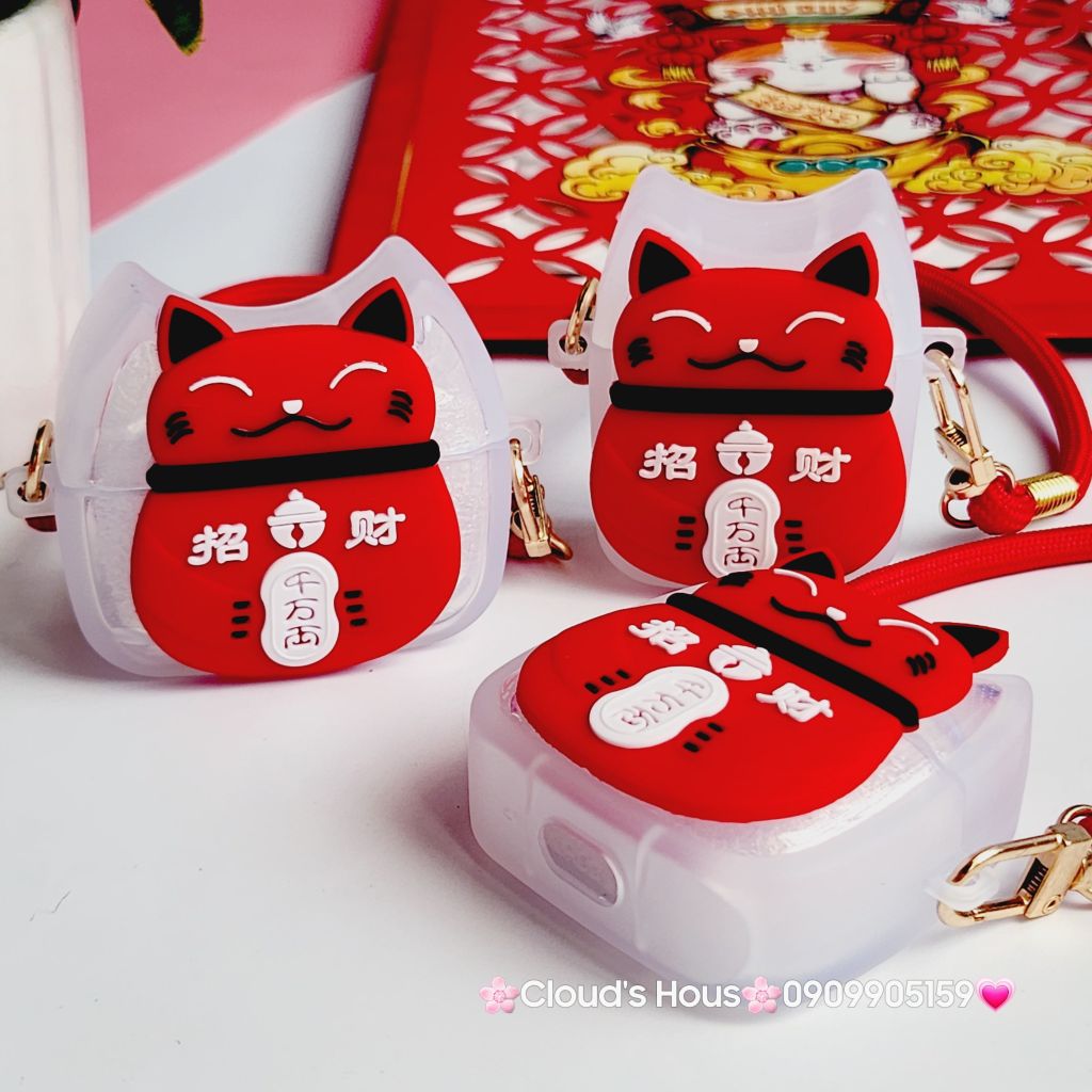 Cover Case Vỏ bảo vệ Airpod Mèo May Mắn Nhám Đỏ Có Dây Xách Airpod 1/2/3/Pro/Pro2 - TẾT