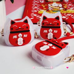 Cover Case Vỏ bảo vệ Airpod Mèo May Mắn Nhám Đỏ Có Dây Xách Airpod 1/2/3/Pro/Pro2 - TẾT