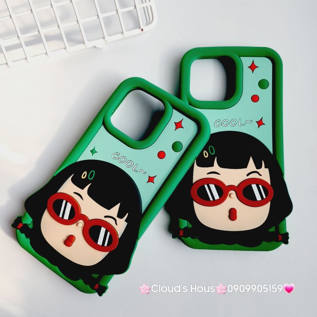 Case Ốp điện thoại iPhone Su dẻo Bé Gái Đeo Kính Cool Xanh lá iPhone 11/12/13/14/15/Pro/Promax