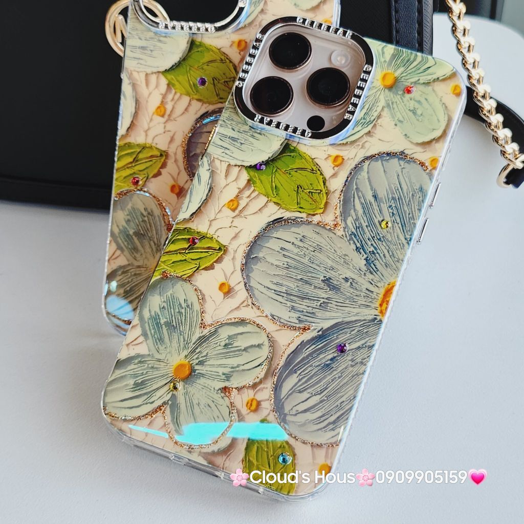 Case Ốp điện thoại iPhone Hoa Xanh To Hologram Nền Vàng iPhone 12/13/14/15/16Pro/Promax