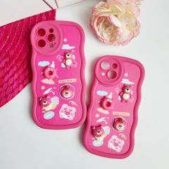 Case Ốp điện thoại iPhone Gấu dâu Lotso Nhám da Viền gợn sóng icon nổi iPhone 11/12/13/14/Pro/Promax