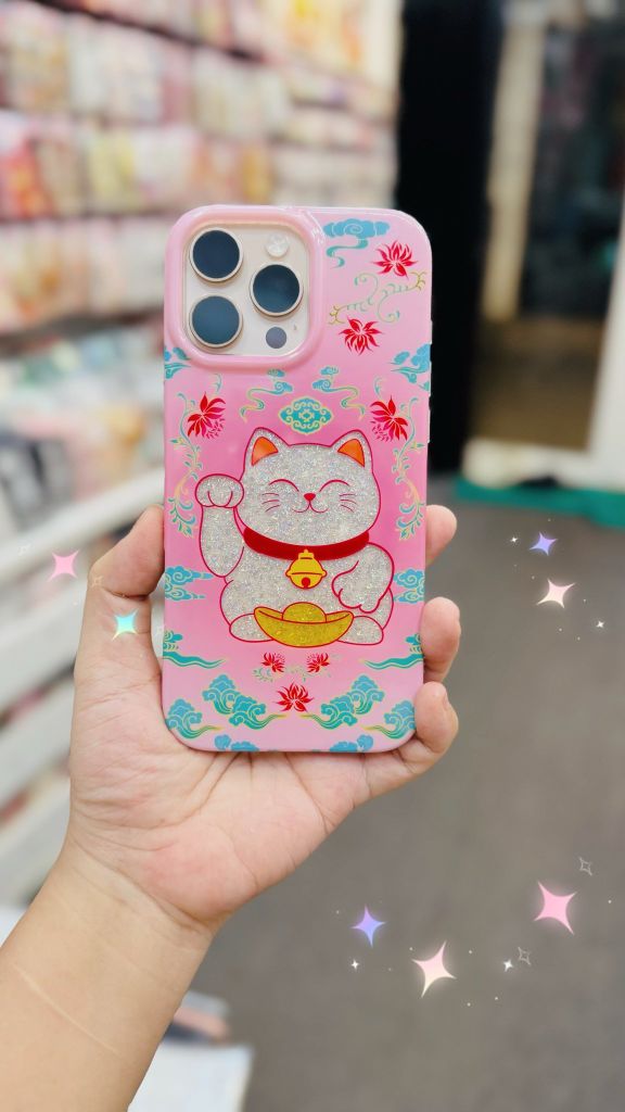 Case Ốp điện thoại iPhone MÈO MAY MẮN ẩn kim tuyến Hồng iPhone 11/12/13/14/15/16/Pro/Promax TẾT
