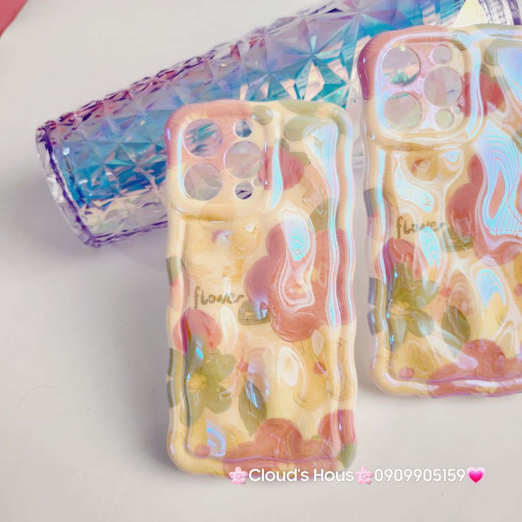 Case Ốp điện thoại iPhone HOA Hologram nền vàng Nổi Viền Gợn Sóng iPhone 12/13/14/15/Pro/Promax