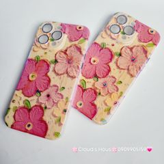Case Ốp điện thoại iPhone Hoa Hologram nền vàng hoa đỏ viền nhám bảo vệ cụm camera đính đá iPhone 11/12/13/14/15/Pro/Promax