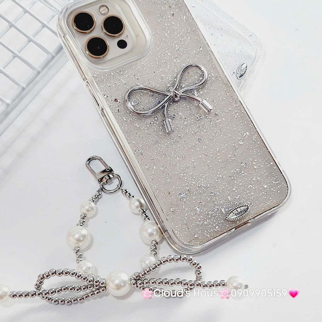 Case Ốp điện thoại iPhone Nơ Bạc Trong Bling Bling iPhone 12/13/14/15/Plus/Pro/Promax