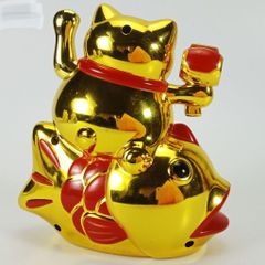Mèo Thần Tài Mạ Vàng Cưỡi Cá Chép