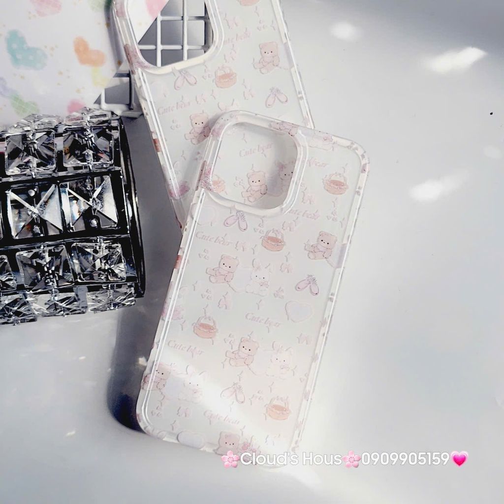 Case Ốp điện thoại iPhone Gấu Thỏ Cute Bear Sticker Dễ Thương Nền Trắng iPhone 11/12/13/14/15/Pro/Promax