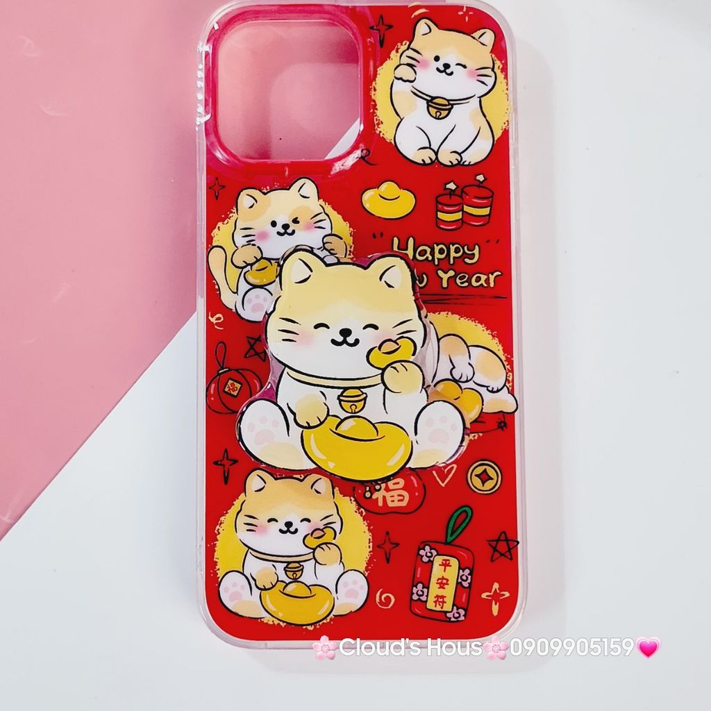 Case Ốp điện thoại iPhone Mèo May Mắn Good Luck Tết Kèm Popsocket Nam Châm iPhone 11/12/13/14/15/Pro/Promax