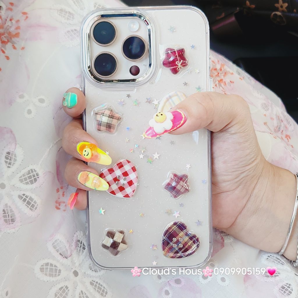Case Ốp điện thoại iPhone Trong Icon Nổi Trái Tim Ngôi Sao Bling Bling Case iPhone 12/13/14/15/16/Pro/Promax