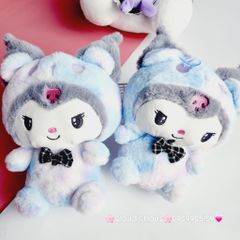 Gấu Bông Thỏ Cinnamoroll & Kuromi Cầu Vồng Đeo Nơ Đen Caro