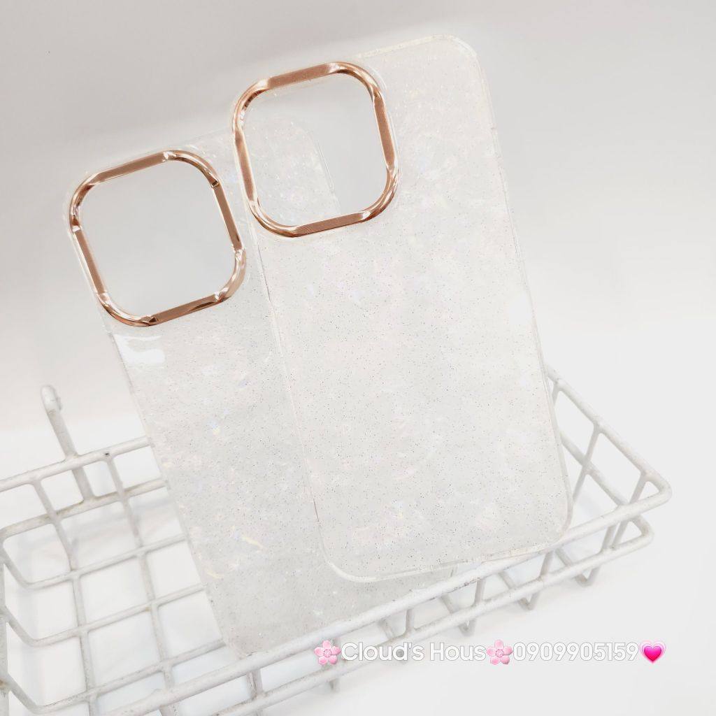 Case Ốp điện thoại iPhone Nền Trắng Ánh Xà Cừ Bling Bling Camera viền vàng Siêu Sang iPhone 12/13/14/15/16/Pro/Promax