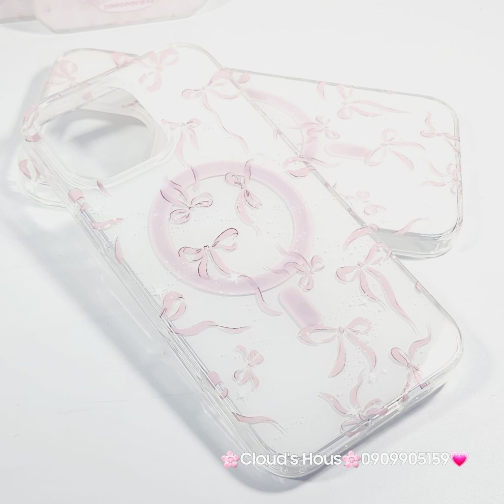 Case Ốp điện thoại iPhone Magsafe Nền Trắng Nơ Hồng PopSocket iPhone 12/13/14/15/16/Pro/Promax