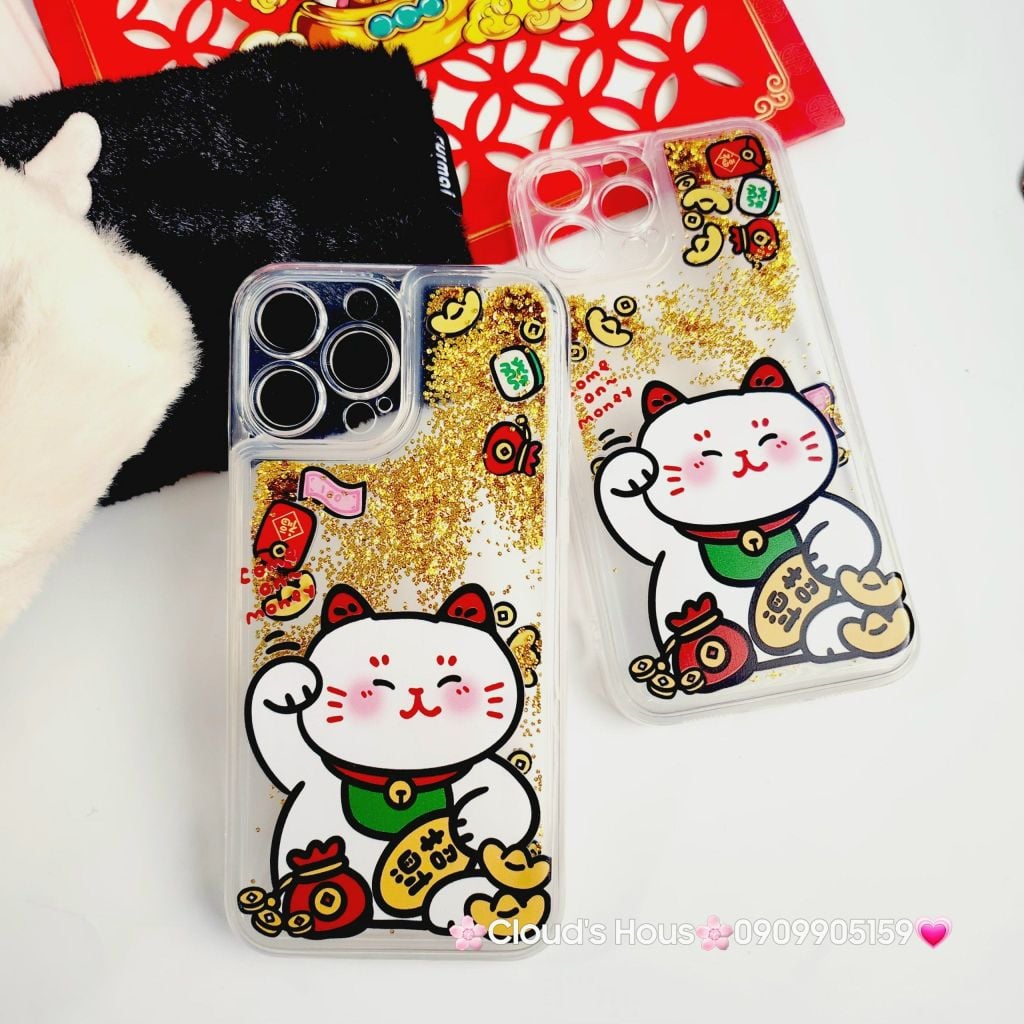Case Ốp điện thoại iPhone Mèo May Mắn Nước Bling Bling iPhone 11/12/13/14/15/Pro/Promax - TẾT